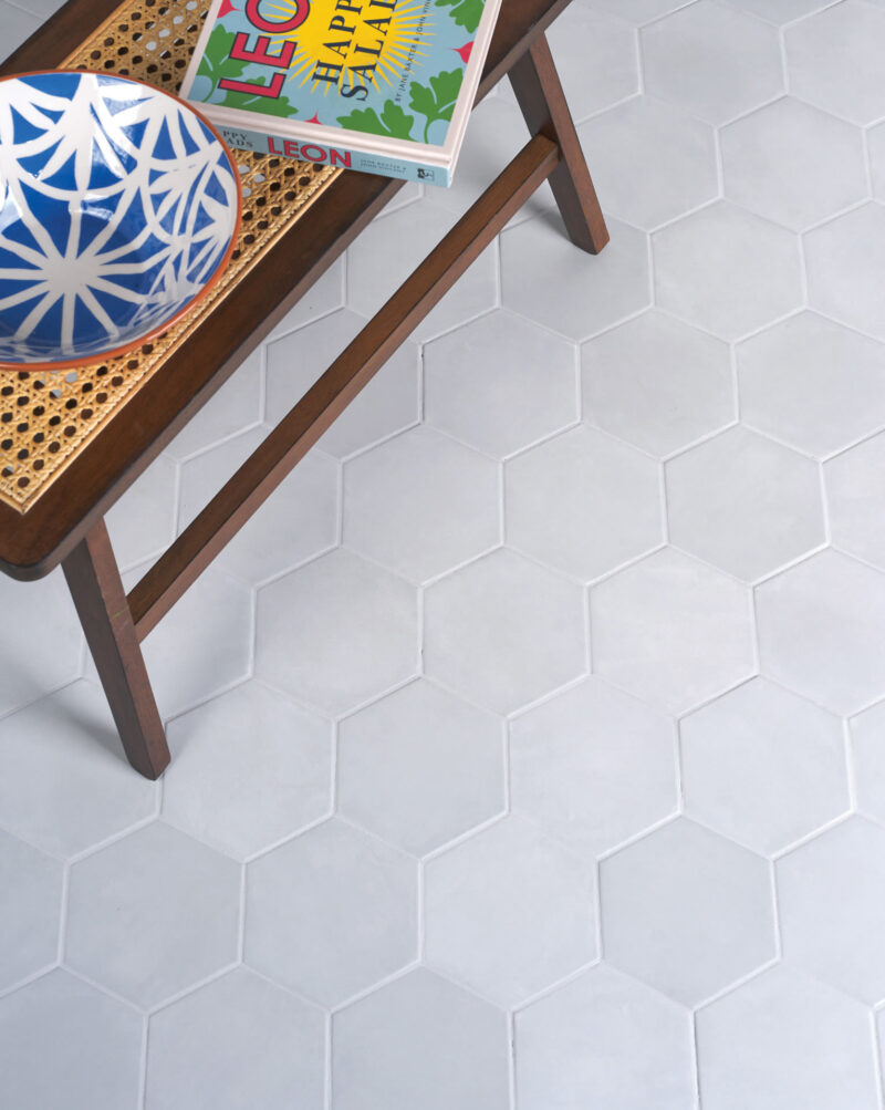 CAP DTMHL1416 2 Medina porcelain hexagon latte matt white grey wall floor mottled interior eclectic