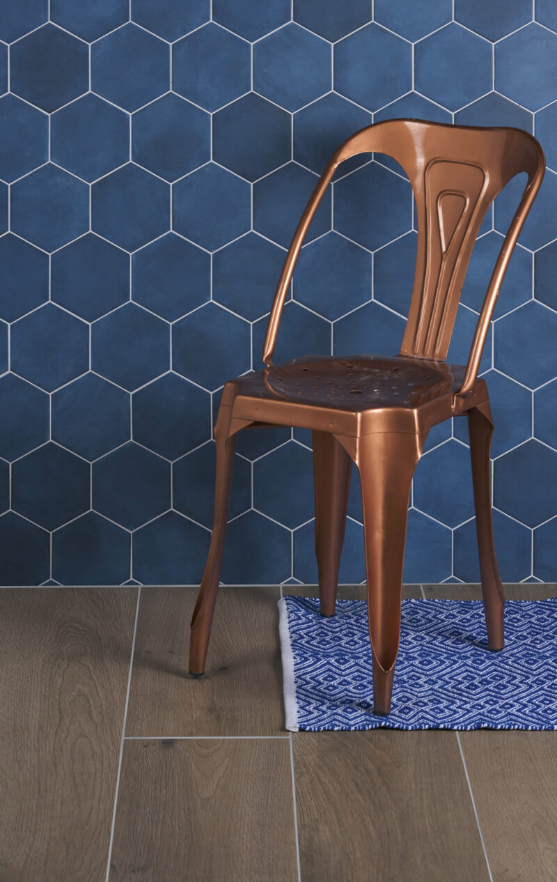 CAP DTMHNB1416 2 Medina porcelain hexagon navy blue matt bold wall floor mottled interior copper eclectic