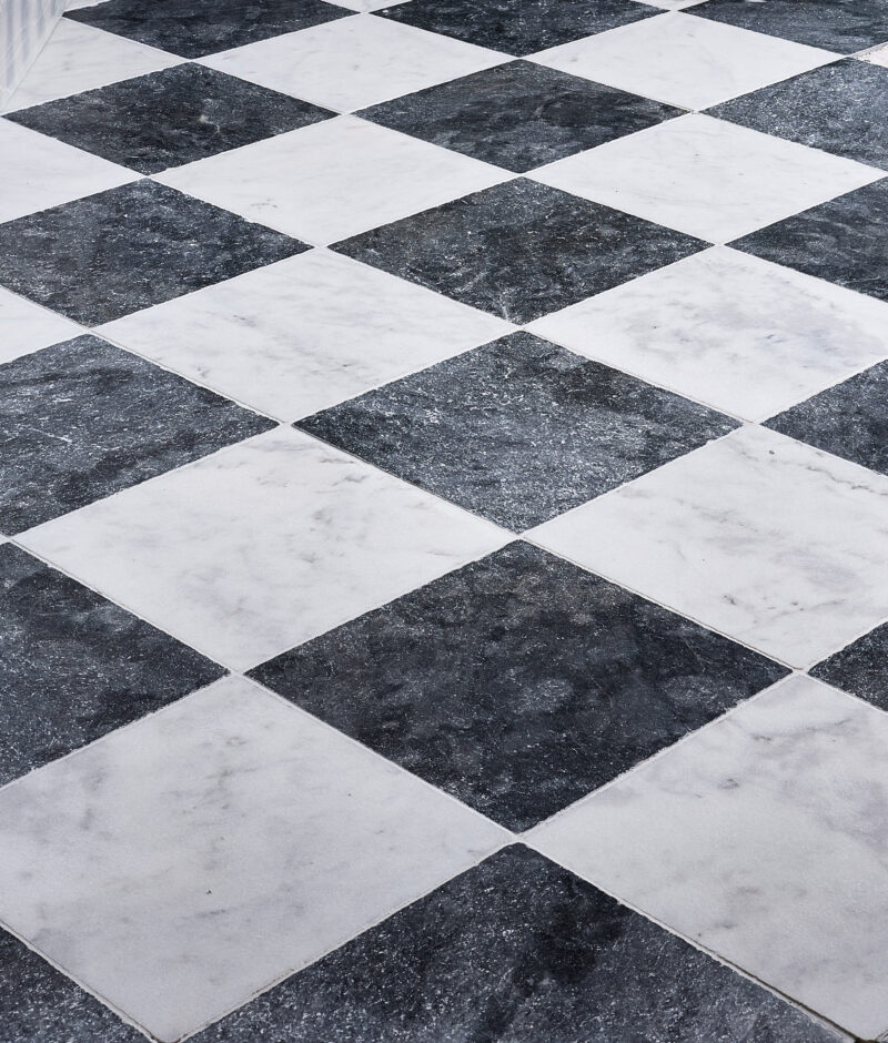 black and white tumbled marble chequerboard pattern