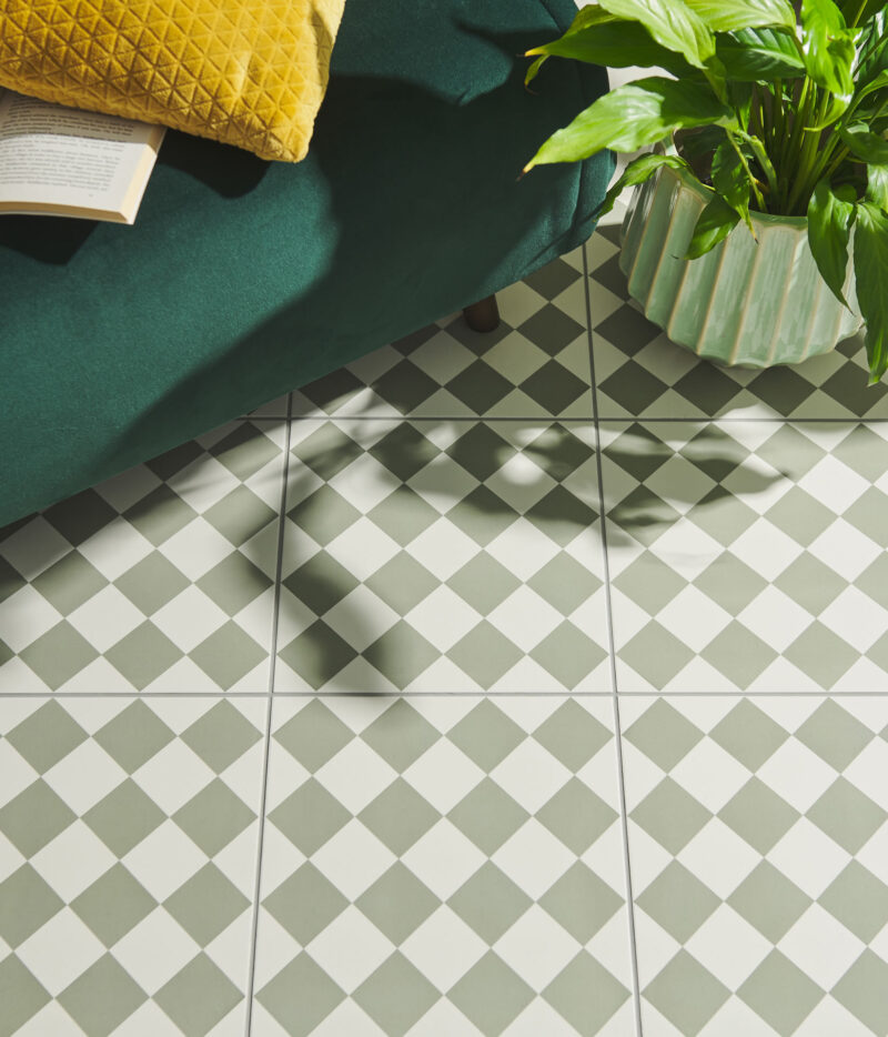 OGS 8766 2 Original style odyssey harlequin small green chequerboard traditional white tile wall floor hallway