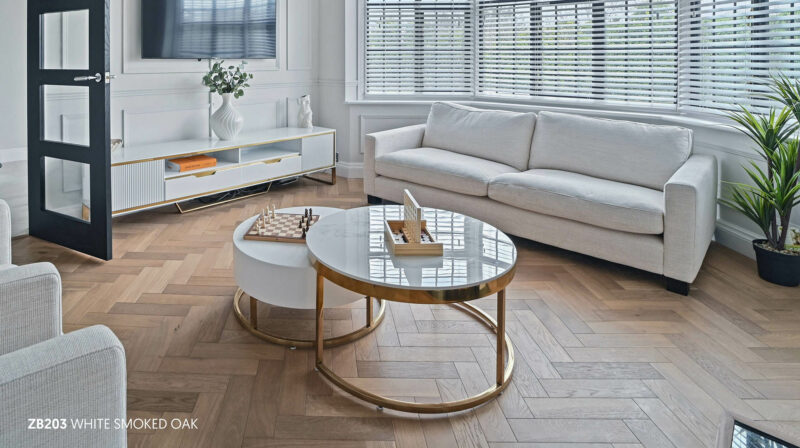 White Smoked Oak Herringbone Engineered Timber ZB203 Living Room