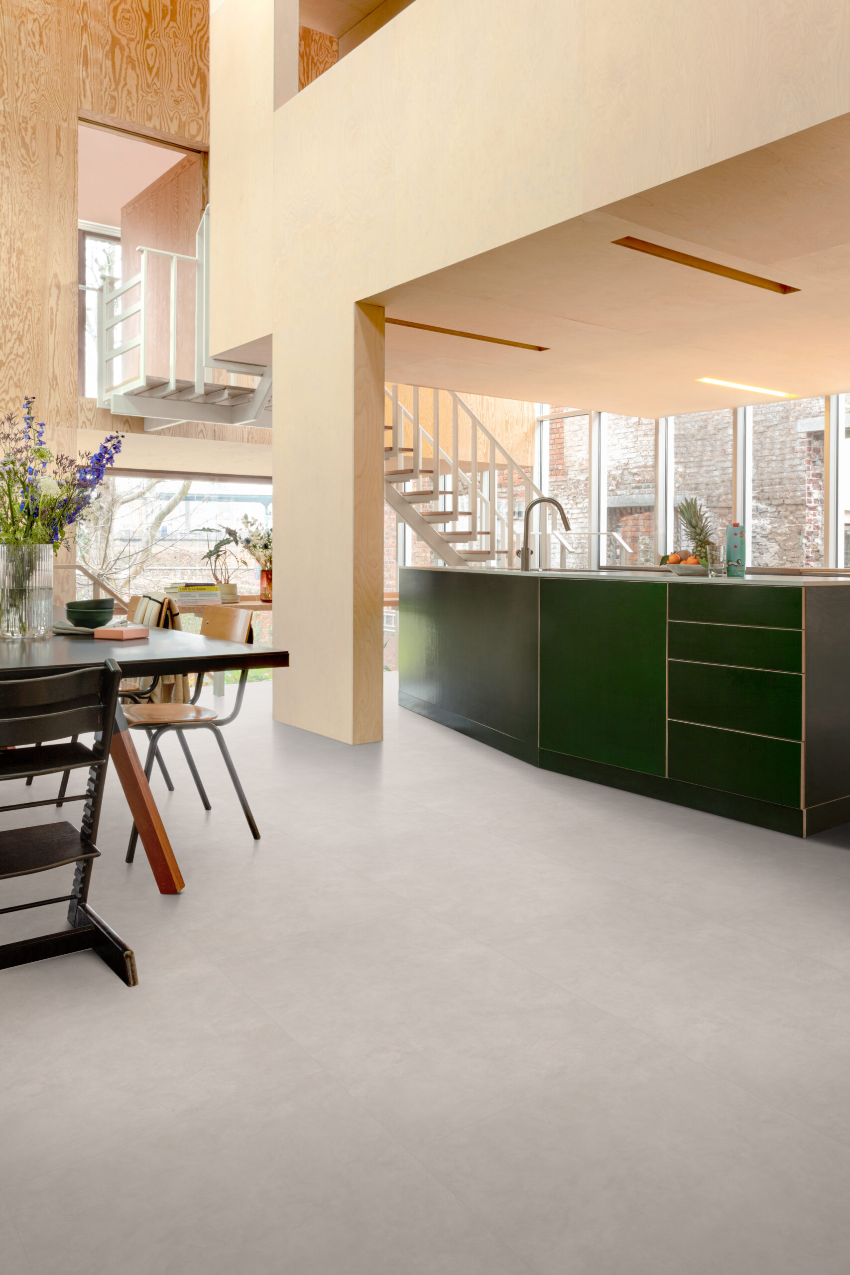 F030 Pebble Beach green kitchen with rigid vinyl flooring