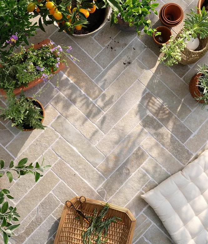 farley limestone parquet seasoned herringbone outdoor paver tile