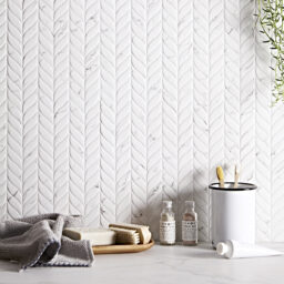 Aspen Willow leaf in kitchen splashback white marble recycled glass mosaic