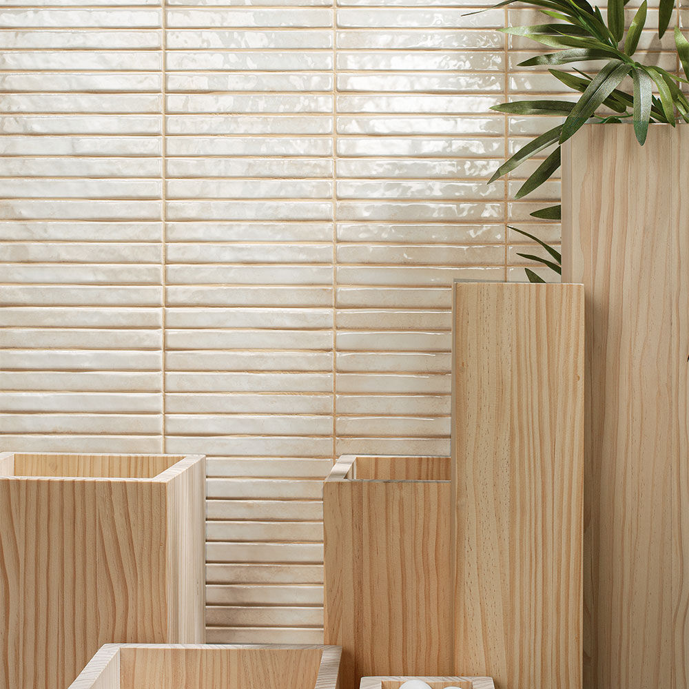 Linear kit kat stick wall tiles white beige gloss stack